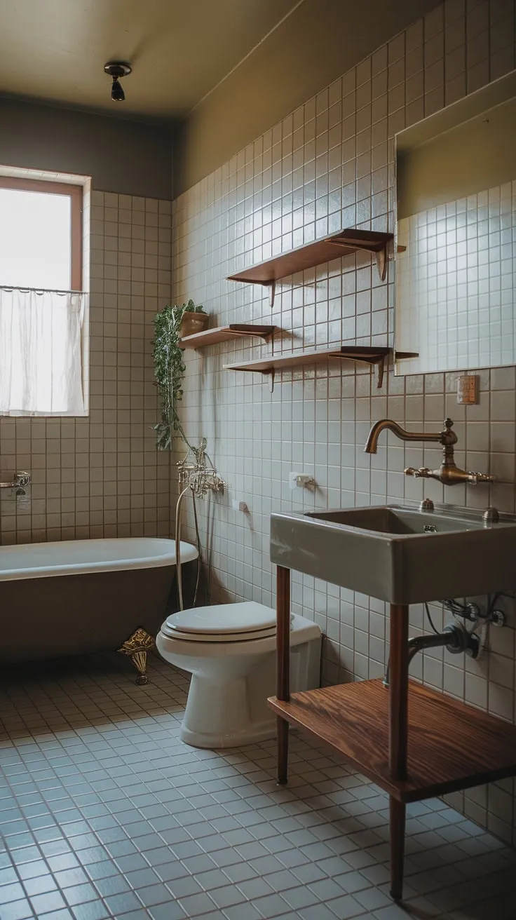 Step into serenity. This mid-century modern bathroom, with its sophisticated design and calming beige and grey tile, offers a sanctuary for relaxation. The unique faucet and stand-alone tub are the perfect complements to the thoughtful details, like the wooden shelving and potted plant, creating a space of understated elegance. A true testament to timeless design.