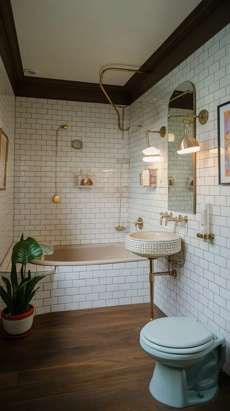 This mid-century modern bathroom is a masterclass in understated luxury. The sleek lines of the fixtures, the warm glow of the brass lamp, and the carefully curated artwork all contribute to an atmosphere of calm sophistication. A potted plant adds a touch of nature, while the dark wood floor grounds the space, creating a bathroom that's both stylish and utterly relaxing. A true testament to timeless design.