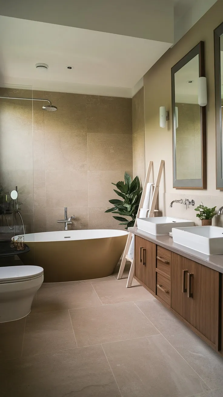 Indulge in the serenity of this mid-century modern bathroom, where clean lines and sophisticated design create a tranquil oasis. The freestanding tub, rainfall shower, and double vanity offer a luxurious escape, complemented by the warmth of natural wood and the calming beige and grey palette. A touch of greenery adds life to this perfectly curated space.