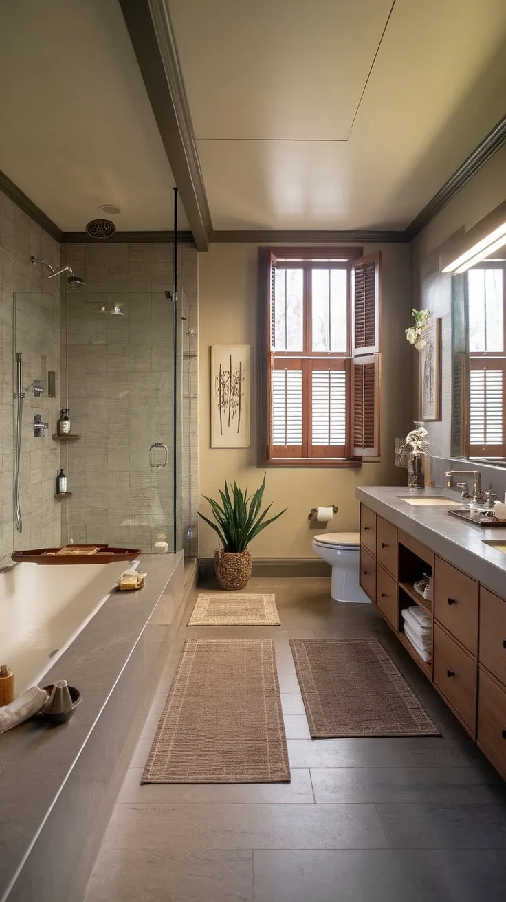Step into serenity. This mid-century modern bathroom, with its deep soaking tub, rainfall shower, and ample storage, offers a sophisticated escape. The thoughtful design, incorporating natural light and calming neutrals, creates a spa-like atmosphere where you can truly unwind and rejuvenate. A sanctuary awaits.