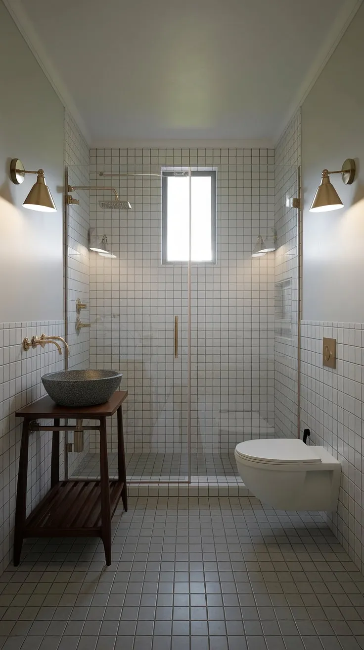 Mid-century modern elegance redefined. The clean lines, brass accents, and thoughtful details create a sanctuary of calm and sophistication. A perfect blend of form and function, this bathroom is a testament to timeless design. A space where every element, from the vessel sink to the glass shower enclosure, contributes to an atmosphere of understated luxury.