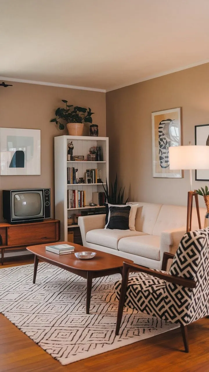 This living room masterfully blends understated elegance with mid-century charm, creating a serene sanctuary enriched by striking accents and thoughtful details.
