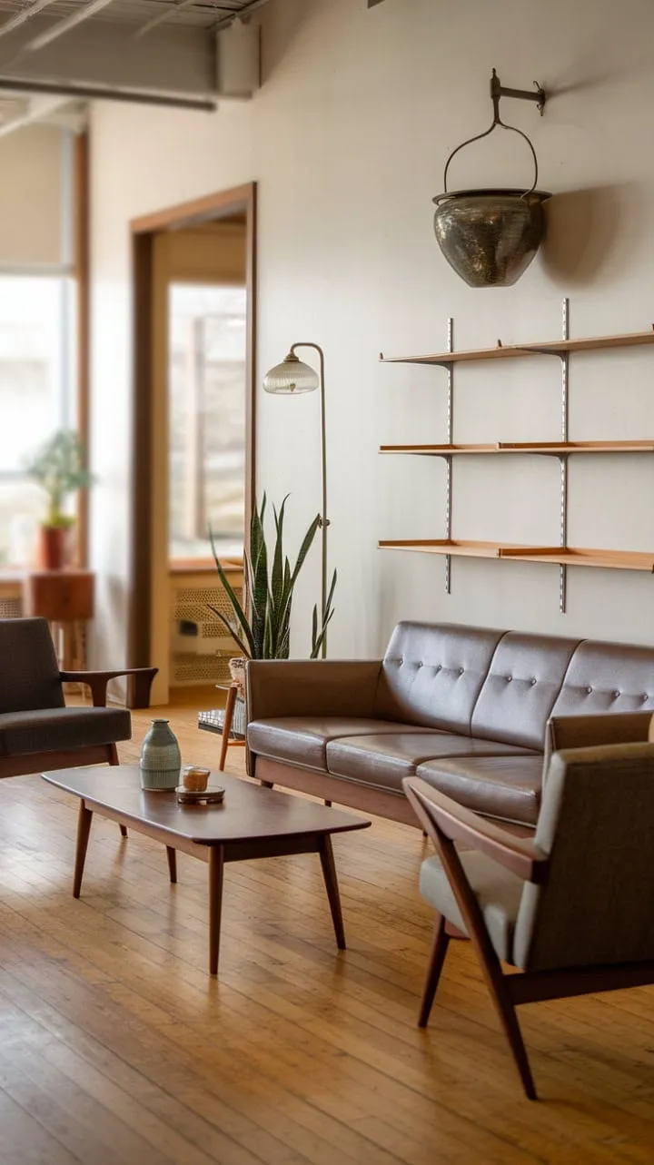 This mid-century modern sanctuary exudes relaxed luxury with its clean lines, rich textures, and a harmonious blend of nature and vintage charm.