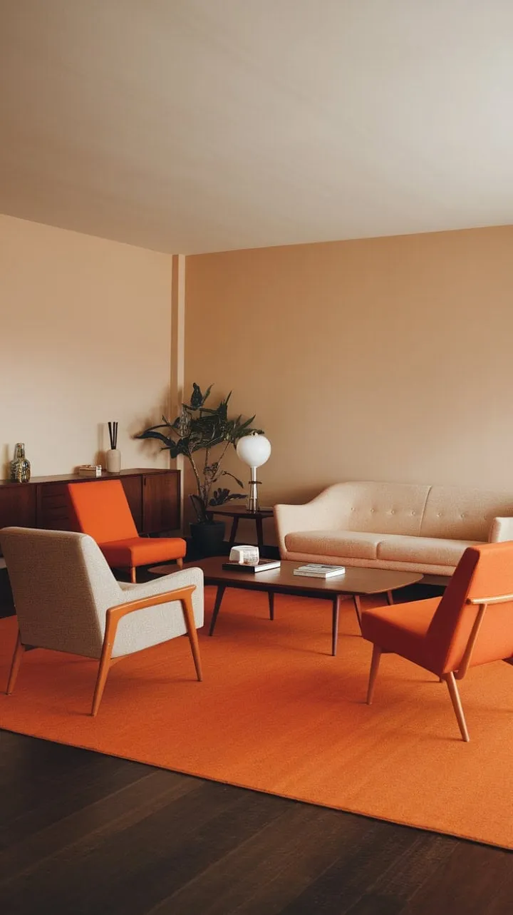 In this mid-century modern living room, a harmonious blend of beige and vibrant orange creates an inviting oasis perfect for relaxation and conversation.