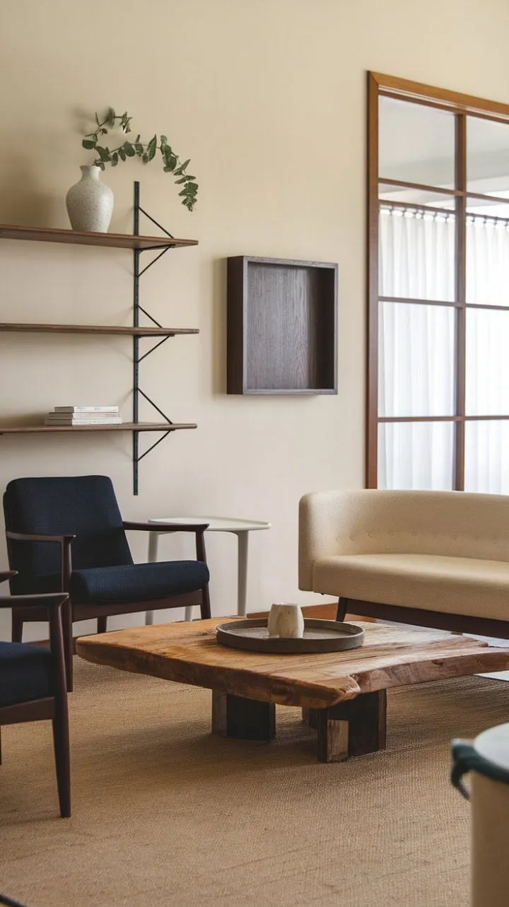 This mid-century modern living room harmoniously blends warmth and sophistication with rustic elements and curated details, creating an inviting sanctuary that reflects a thoughtfully lived life.