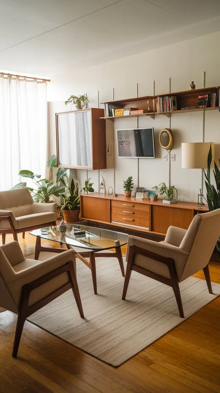 This mid-century modern space masterfully combines style and comfort with a serene neutral palette accented by rich wood tones and vibrant greenery, embodying understated sophistication.