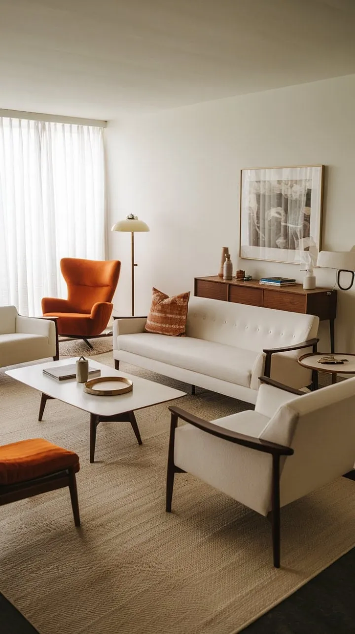 Sunlight dances through the window, highlighting a sophisticated mid-century modern living room where creamy sofas and vibrant accents create an inviting, timeless elegance.