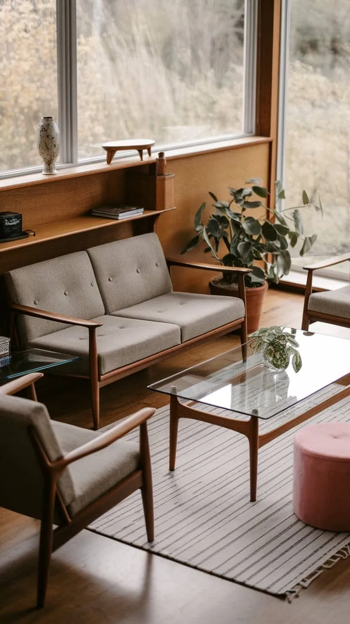 Bathed in sunlight, this mid-century modern living room harmoniously combines iconic design and vibrant accents, creating a serene retreat that celebrates timeless elegance.