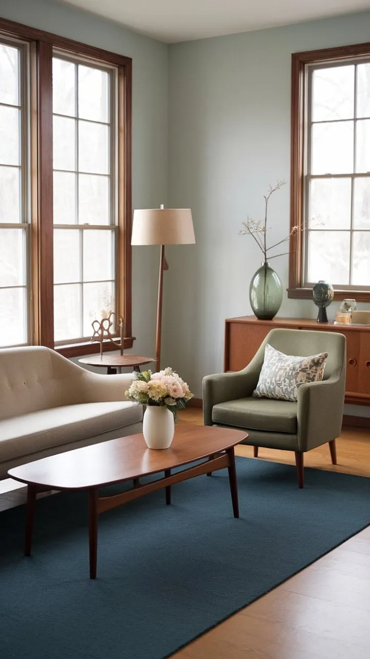 In this tranquil mid-century haven, the plush beige sofa invites you to unwind amidst a harmonious blend of soft light, elegant furnishings, and a timeless design aesthetic.