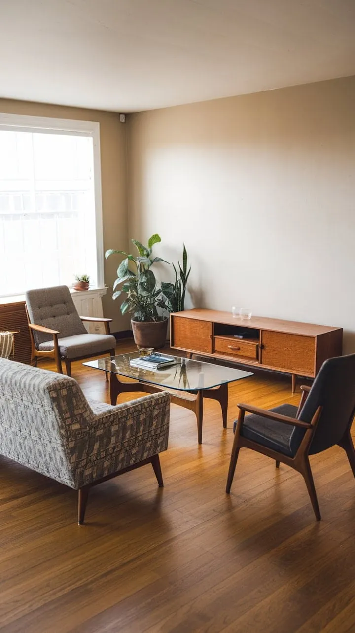 Bathed in sunlight, this chic living room harmoniously combines mid-century elegance with inviting comfort through its rich textures and curated details.