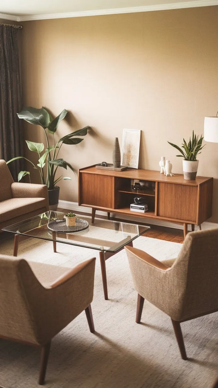 This mid-century modern living room masterfully combines a warm beige palette and sleek wooden accents to create a relaxed yet sophisticated haven of timeless design.