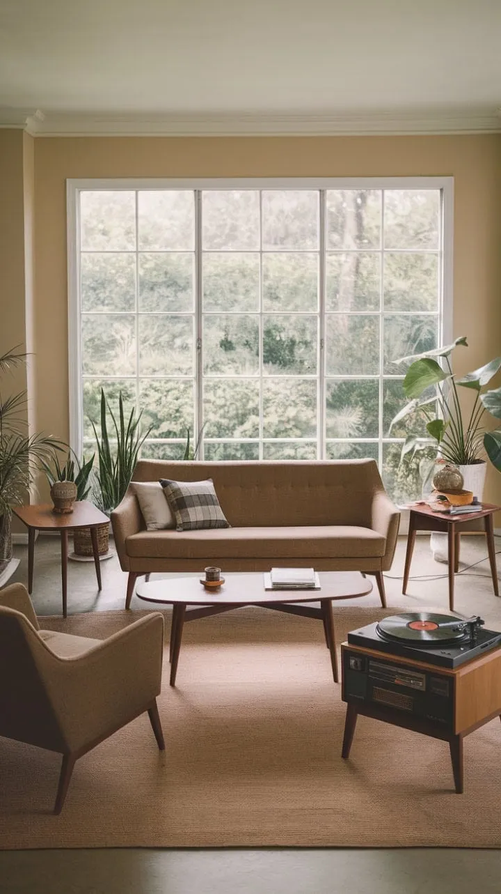 Bathed in sunlight, this mid-century modern living room exudes tranquility with its warm hues, lush plants, and the soothing soundtrack of a classic record.