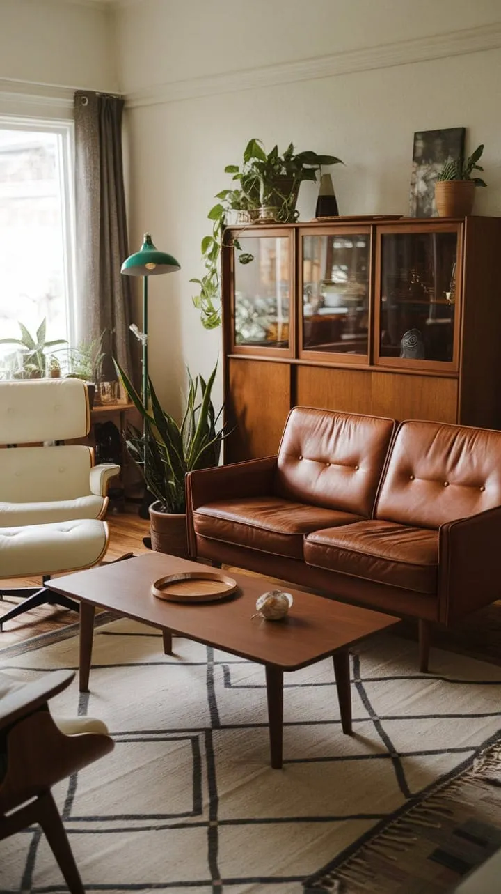 This mid-century modern sanctuary blends sleek design and rich textures, inviting you to relax in its quietly sophisticated elegance.