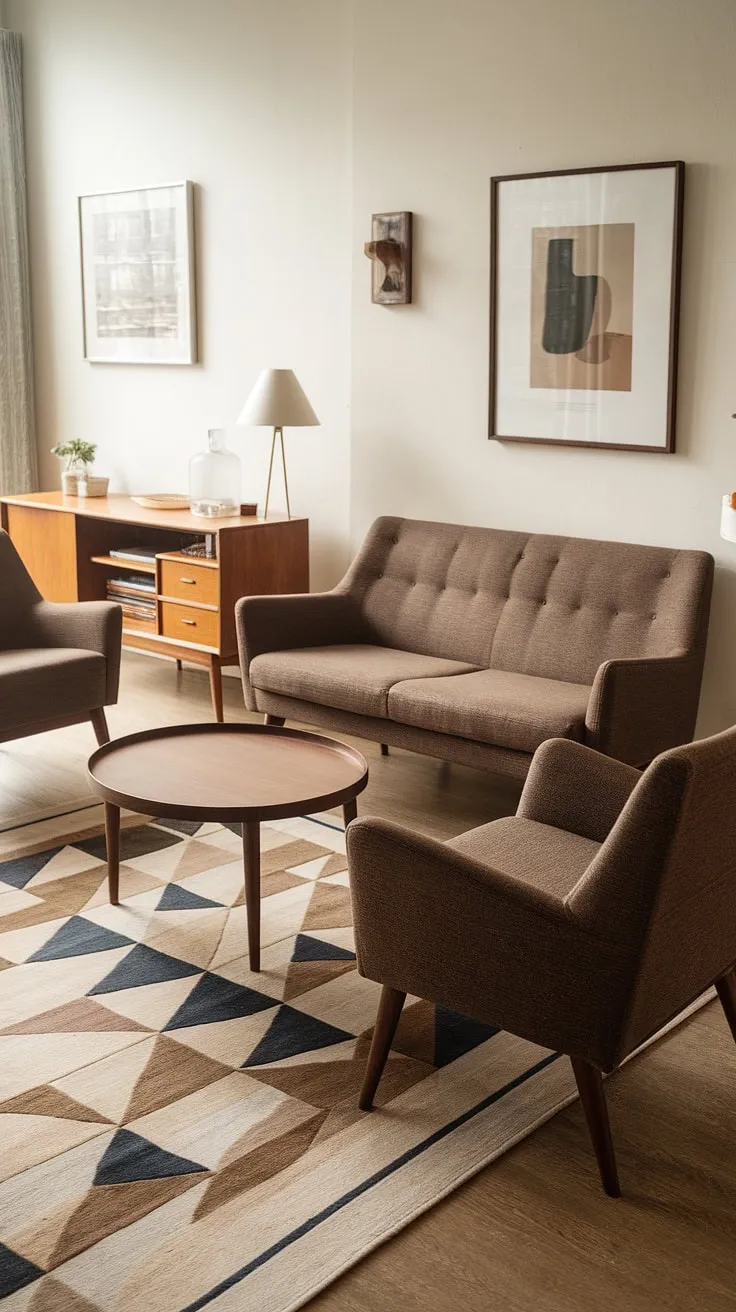 This mid-century modern living room is a study in understated elegance. The carefully curated pieces, from the comfortable seating to the sleek TV stand, work together seamlessly to create a space that's both functional and aesthetically pleasing. A haven of calm and sophistication. A place to relax and unwind.