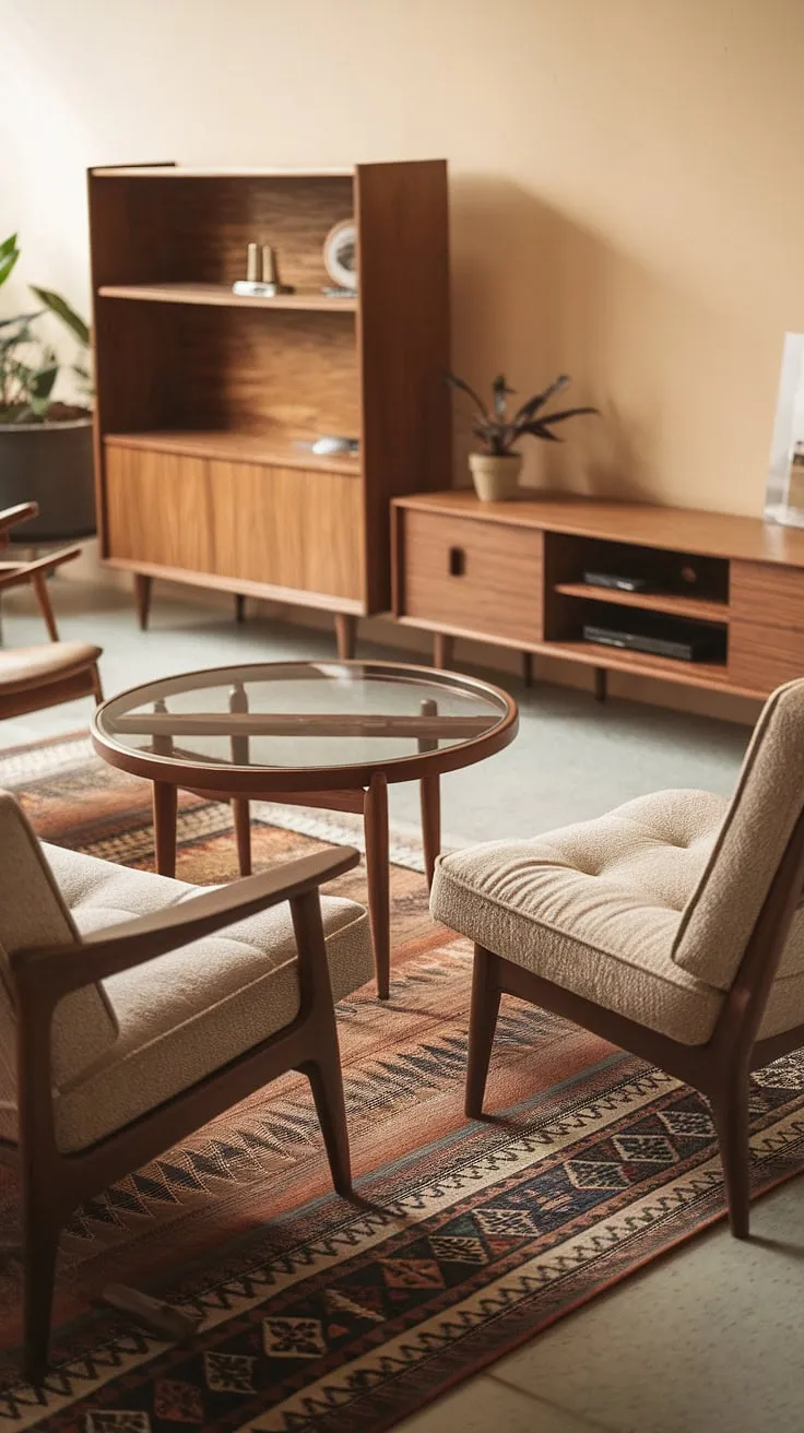 A timeless elegance pervades this mid-century modern living room. The rich textures, from the plush sofa to the patterned rug, create a sense of warmth and sophistication. A testament to the enduring appeal of classic design, this space is a haven of comfort and style. A true reflection of refined taste.