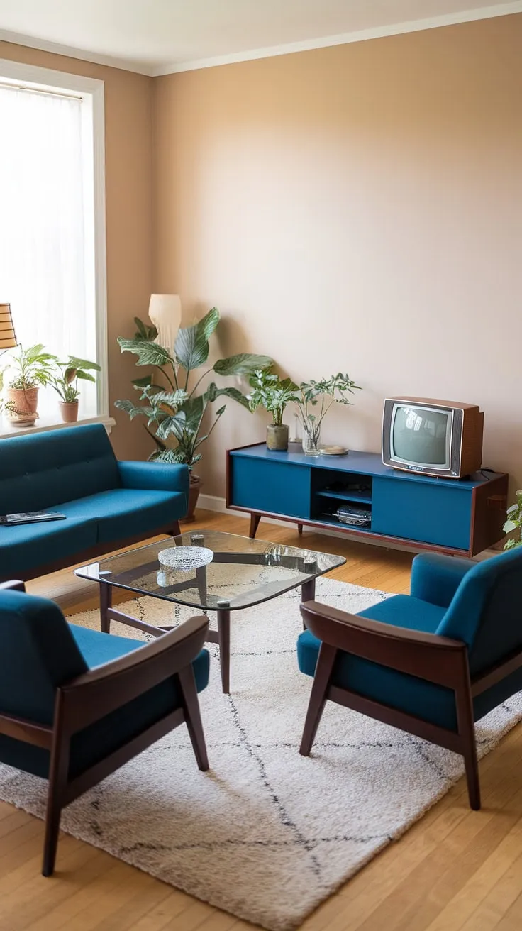 This mid-century modern living room is a study in understated elegance. A harmonious blend of deep blue tones, clean lines, and carefully chosen accents creates a space that is both inviting and stylish. The vintage television adds a touch of nostalgic charm, while the plants bring a breath of fresh air to the room. A perfect example of how classic design can feel effortlessly contemporary.