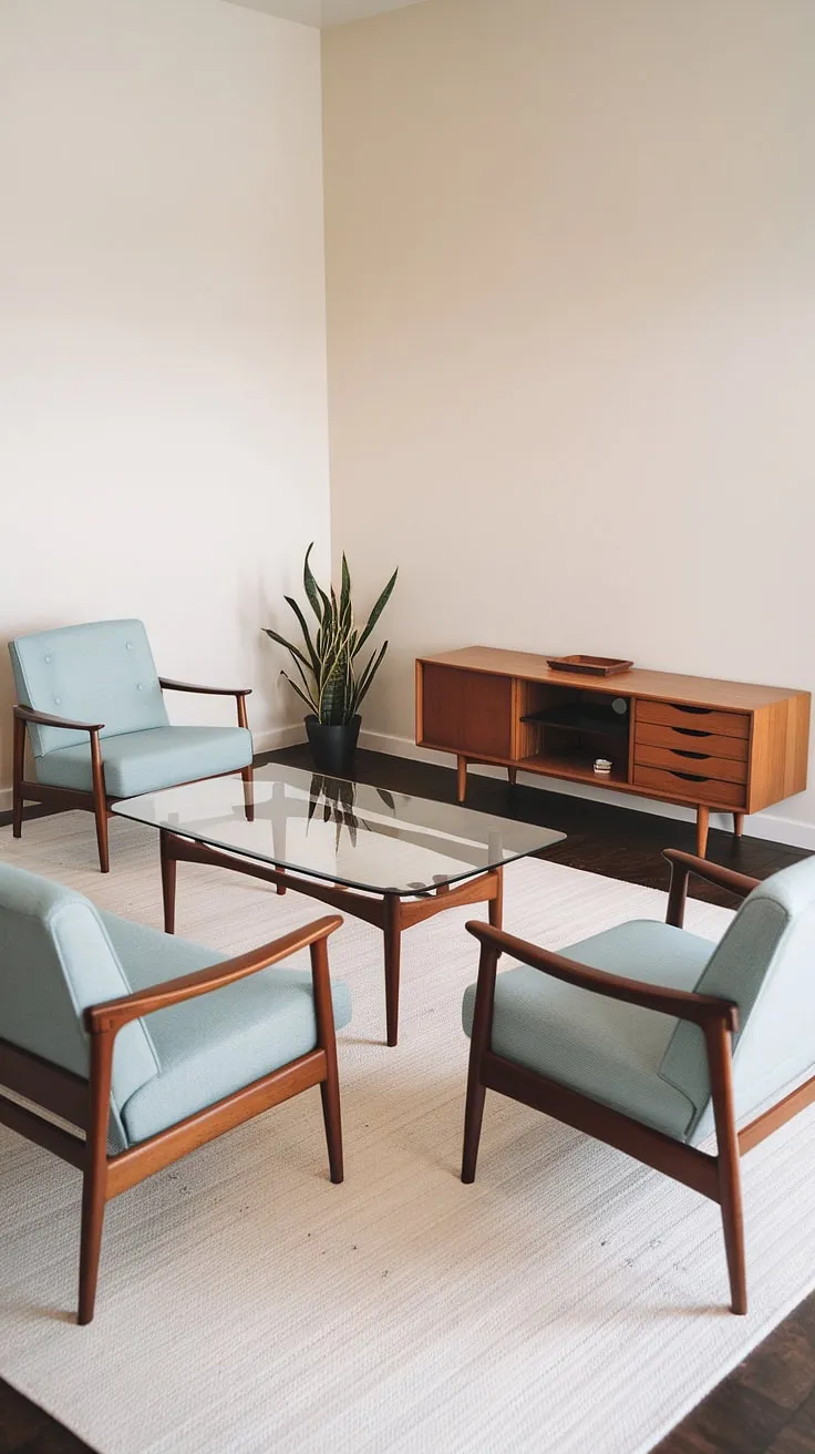 This living room embodies effortless style. The pale blue fabric of the sofa and armchairs provides a calming focal point, while the sleek glass coffee table and wooden accents create a sophisticated and inviting space. A perfect example of how less can be more.