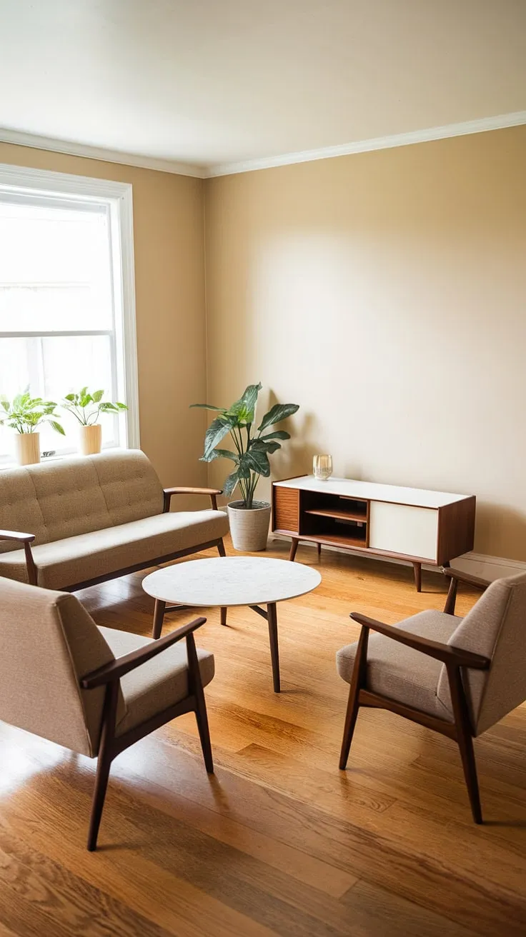 This living room embodies the elegance of mid-century modern design. The neutral color scheme, punctuated by the cool white marble of the coffee table, creates a sense of airy spaciousness. A testament to understated luxury, this room is a haven of calm and sophistication. A true reflection of refined taste.