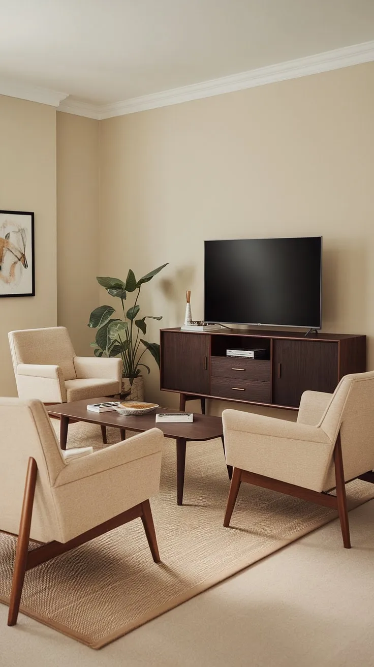 Bathed in soft light, this mid-century modern living room exudes a timeless elegance. The neutral palette, punctuated by the warm tones of the wood furniture and the lush greenery of the potted plant, creates a serene and inviting atmosphere. The carefully chosen pieces, from the comfortable sofa to the sleek coffee table, speak to a refined aesthetic that effortlessly blends comfort and style. A perfect example of how classic design can remain eternally relevant.