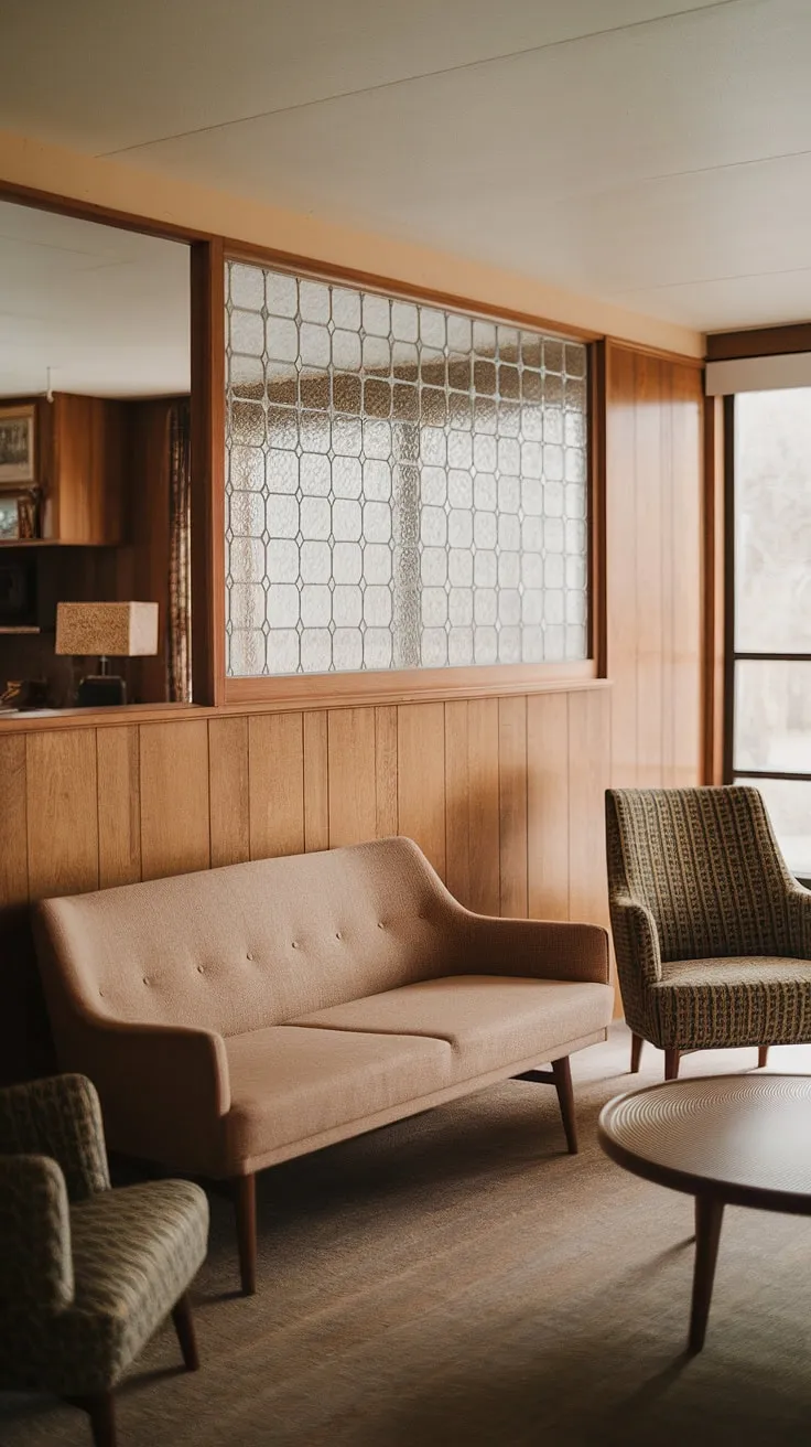 Warmth, sophistication, and mid-century modern design seamlessly blend in this inviting living room. The rich wood paneling, patterned glass window, and comfortable seating create a space that's both stylish and incredibly cozy. A perfect example of timeless elegance.