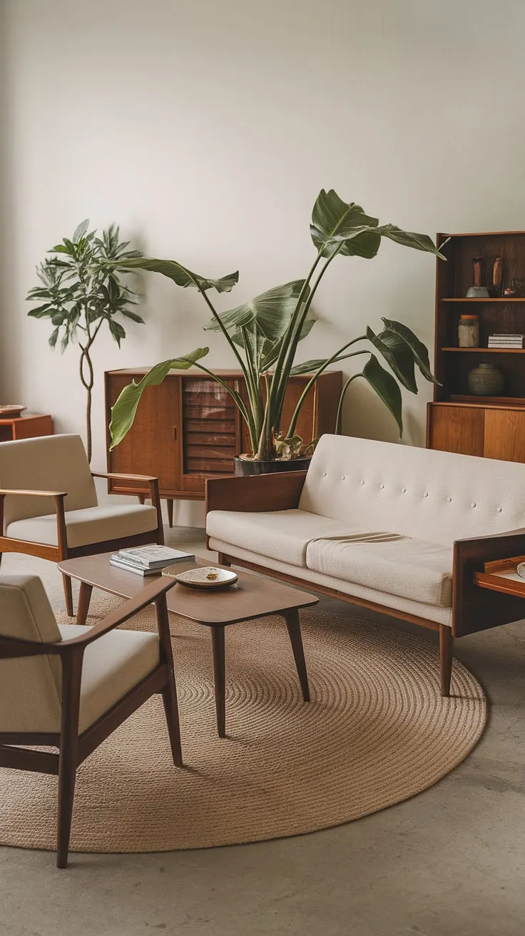 This mid-century modern living room is a study in understated sophistication. The neutral palette, punctuated by the rich tones of the wooden cabinet and chair, creates a sense of serenity. The carefully chosen furniture, including the comfortable sofa and armchairs, invites relaxation and conversation. The large potted plant adds a touch of nature, while the round rug defines the space, completing this effortlessly chic and inviting room. A perfect example of how less can be more.