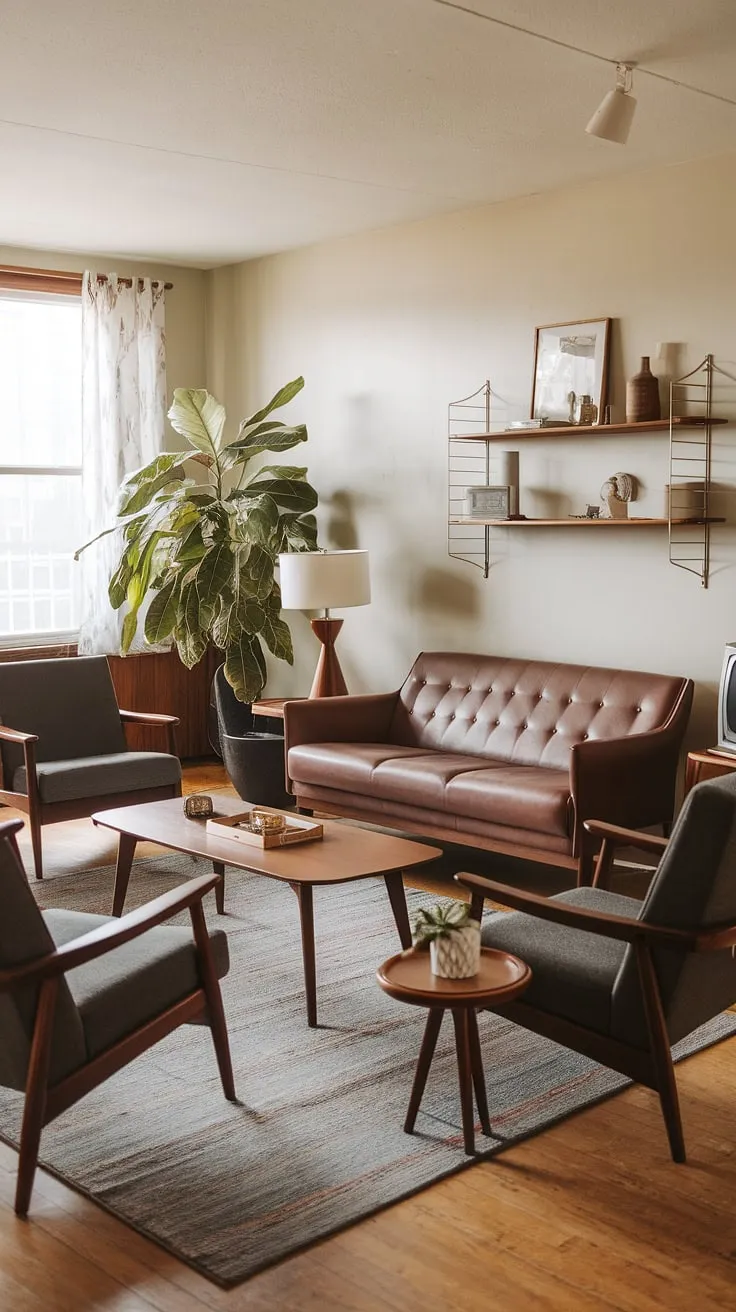 Step back in time to this effortlessly cool mid-century modern living room. The clean lines, warm wood tones, and perfectly placed potted plant create a space that's both stylish and inviting. A vintage television adds a touch of nostalgic charm, while the carefully curated décor speaks volumes about the homeowner's impeccable taste. It's a testament to the enduring appeal of classic design.