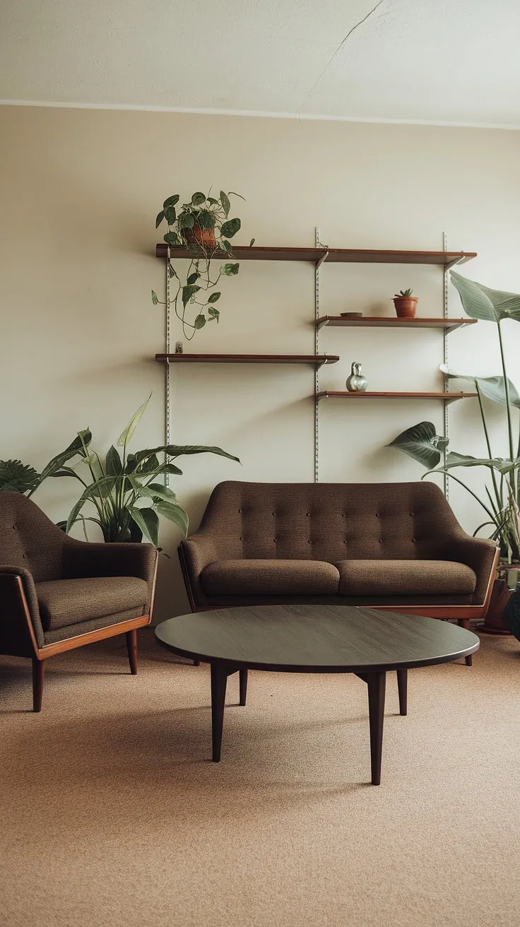 A perfectly curated mid-century modern space. The dark brown furniture, punctuated by the natural textures of the plants and the soft beige walls, creates a harmonious and inviting atmosphere. A testament to the enduring appeal of classic design, this room is a haven of comfort and style.