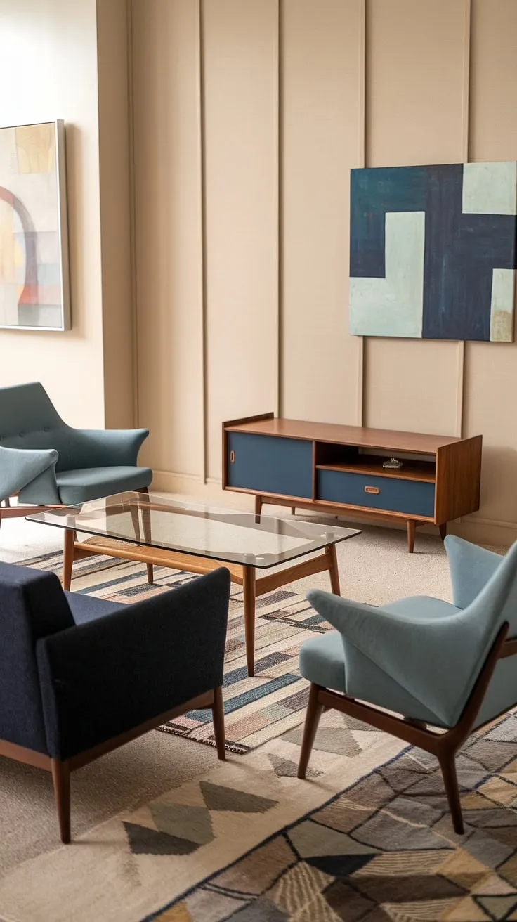 Mid-century modern living at its finest. The cool blues of the sofa and armchairs create a calming atmosphere, perfectly complemented by the warm wood tones and geometric rug. A space designed for relaxation and conversation, where every detail, from the abstract art to the sleek coffee table, contributes to a sense of sophisticated ease.