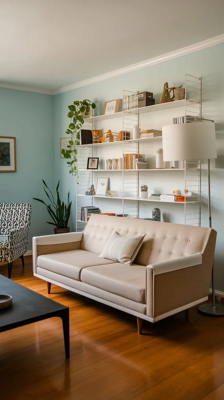 Step back in time to this serene mid-century modern living room. The light blue walls, hardwood floors, and carefully curated details create a space that's both stylish and effortlessly inviting. A perfect blend of form and function, this room showcases the enduring appeal of classic design. The black and white patterned chair adds a playful touch, while the green plant brings a breath of fresh air to the space. A calming oasis in the heart of the home.