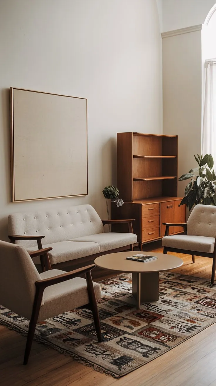 Bathed in the warm glow of afternoon sun, this mid-century modern living room exudes a timeless elegance. The carefully curated furniture, from the beige sofa to the sculptural coffee table, creates a space of understated sophistication. A sense of calm pervades, enhanced by the muted tones and the strategic placement of the potted plant, adding a touch of nature to this perfectly balanced a environment.