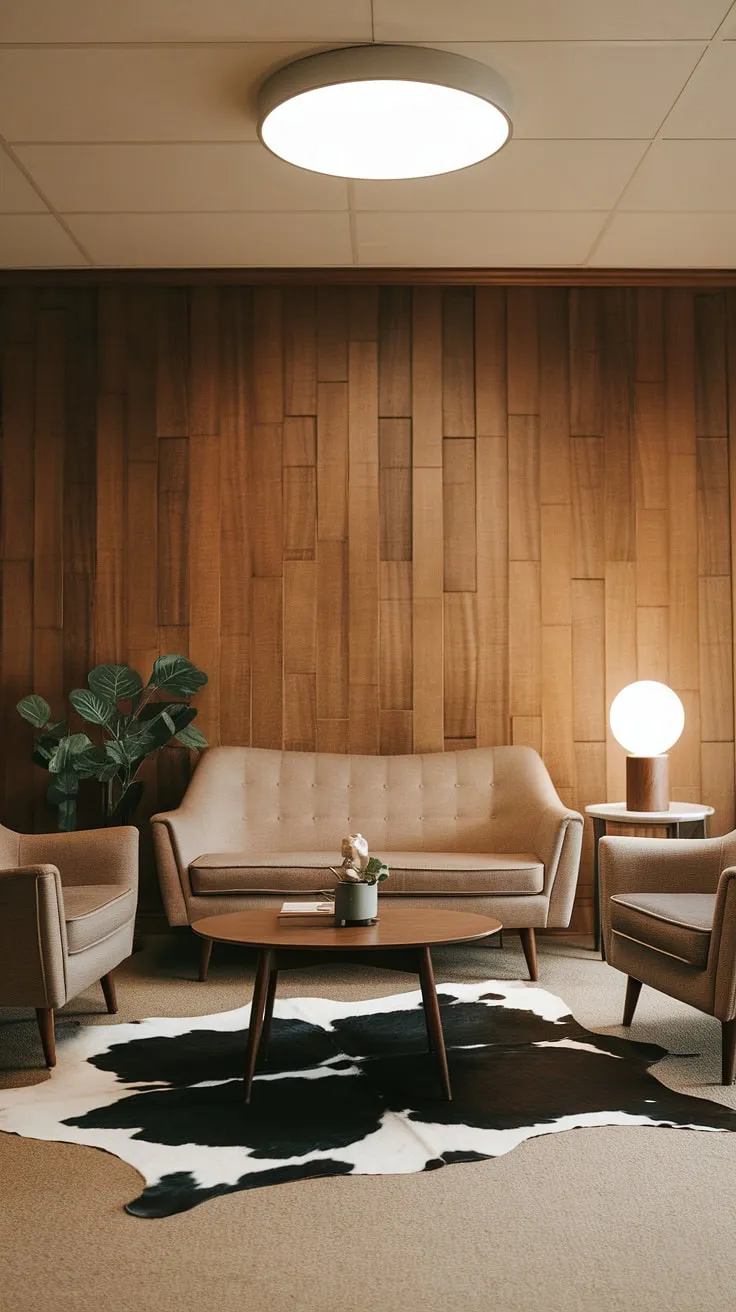 Bathed in the warm glow of the circular ceiling light, this mid-century modern living room exudes a timeless elegance. The beige sofa, complemented by two armchairs and a cowhide rug, creates a relaxed yet sophisticated atmosphere. A potted plant adds a touch of nature, while the simple lines of the furniture and wooden wall paneling emphasize the clean aesthetic. The overall effect is one of understated luxury and calm.