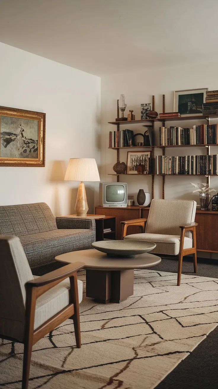 This mid-century modern living room is a masterclass in understated elegance. The interplay of light and shadow, the carefully chosen furniture, and the vibrant artwork all contribute to a feeling of calm sophistication. Every element, from the patterned rug to the books overflowing from the shelves, has been selected with intention, creating a space that is both beautiful and functional. A true testament to timeless design.