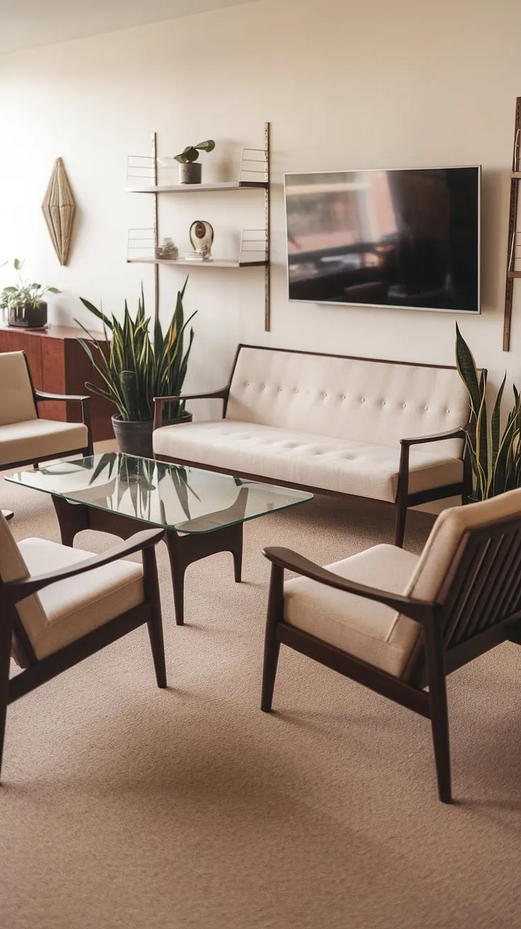 Relax and unwind in this meticulously curated mid-century modern living room. The neutral palette, punctuated by the dark wood furniture, creates a calming and inviting ambiance. A space designed for conversation, relaxation, and enjoying the simple pleasures. A haven of understated sophistication.