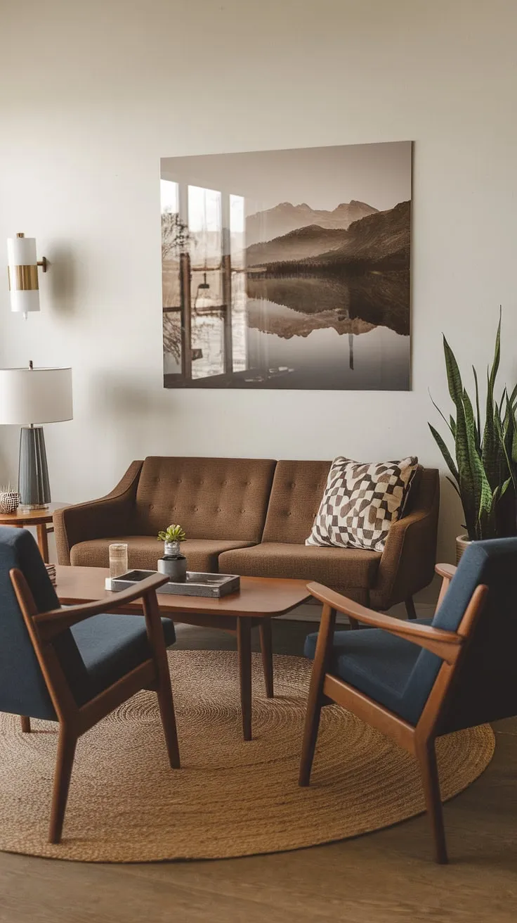 Mid-century modern living at its finest. The clean lines, the warm light from the lamp, and the stunning mountain reflection in the glass wall create a space of unparalleled tranquility. A perfect blend of form and function, this room is a testament to timeless design. A sanctuary for relaxation, a haven for contemplation, a space where memories are made.