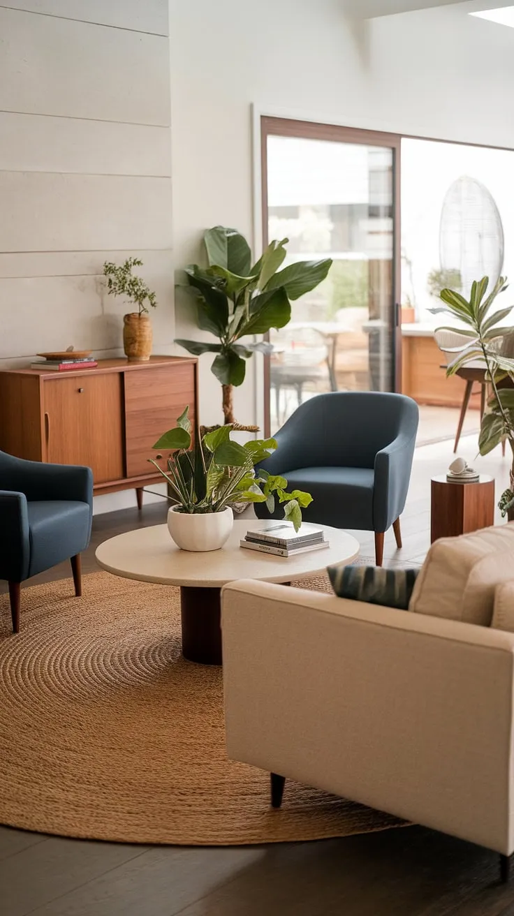 Mid-century modern living at its finest. The calming beige sofa, paired with vibrant blue armchairs, creates a sophisticated yet inviting atmosphere. Natural light streams in, highlighting the thoughtful details, from the potted plants adding a touch of life to the sleek wooden cabinet and the warmth of the fireplace. A perfect space for relaxation and connection.