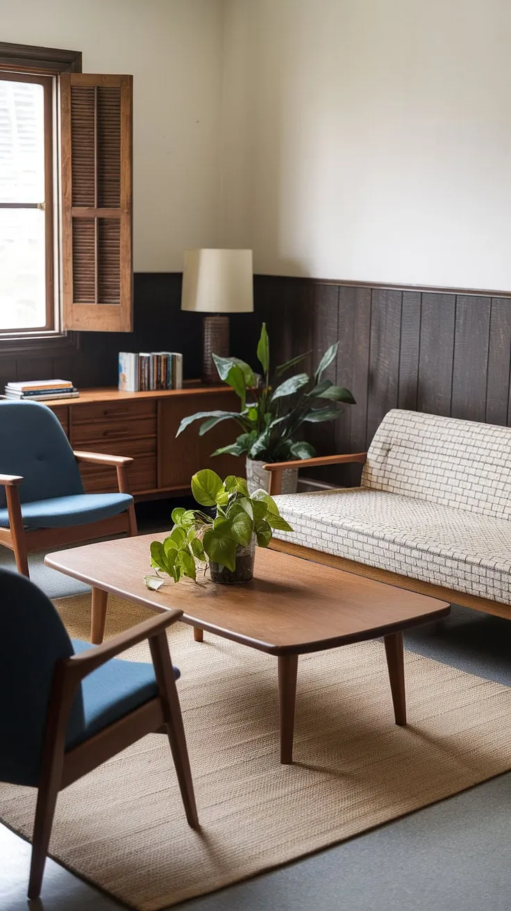 This mid-century modern haven is a study in understated luxury. The rich textures of the wood paneling and the beige rug are beautifully offset by the vibrant blue accents. A carefully curated collection of books and a leafy green plant complete the scene, creating a space that is both calming and inspiring.