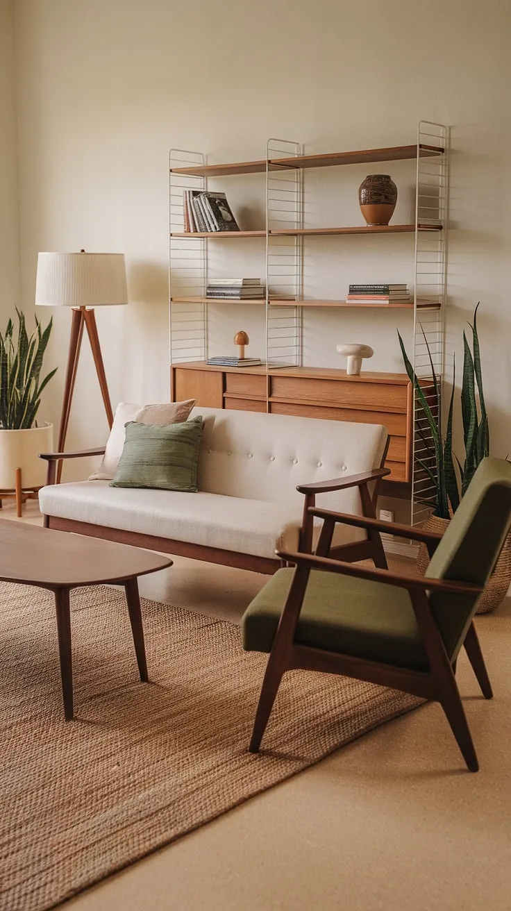 Bathed in the warm glow of a mid-century modern lamp, this living room effortlessly blends comfort and style. The neutral palette, punctuated by the vibrant green armchair and the textural woven rug, creates a space that's both inviting and sophisticated. A testament to timeless design, every piece, from the bookshelf to the coffee table, tells a story of understated elegance.