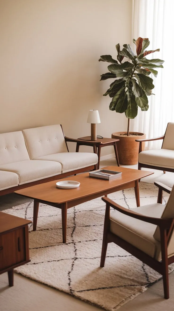 This mid-century modern haven is a sanctuary of calm. The creamy beige walls and plush sofa invite relaxation, while the strategic placement of the potted plant introduces a touch of nature. The simple yet sophisticated furniture, including the wooden coffee table and side tables, creates a balanced and harmonious space. Every detail, from the lamp to the rug, contributes to the overall sense of understated luxury and refined comfort.