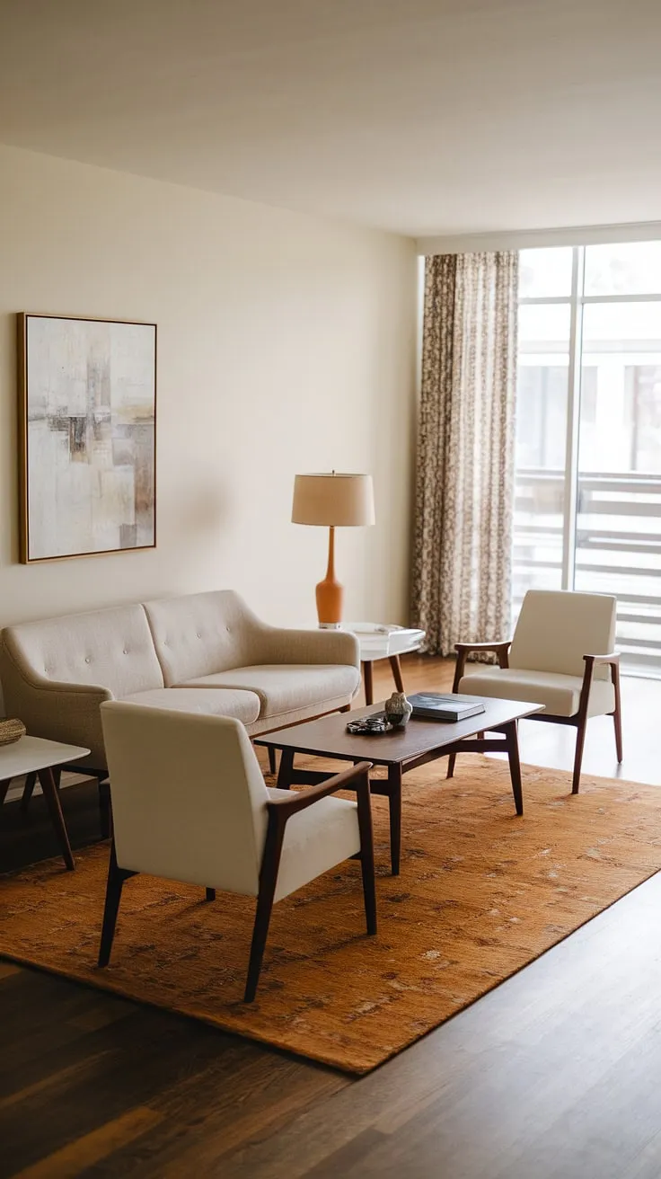 Sunlight streams through the patterned curtains, illuminating the warm, inviting space. The mid-century modern aesthetic, with its clean lines and subtle textures, creates a haven of calm and sophistication. A sense of understated elegance pervades the room, enhanced by the abstract artwork and the carefully chosen furniture. This is a space designed for quiet contemplation and comfortable conversation.