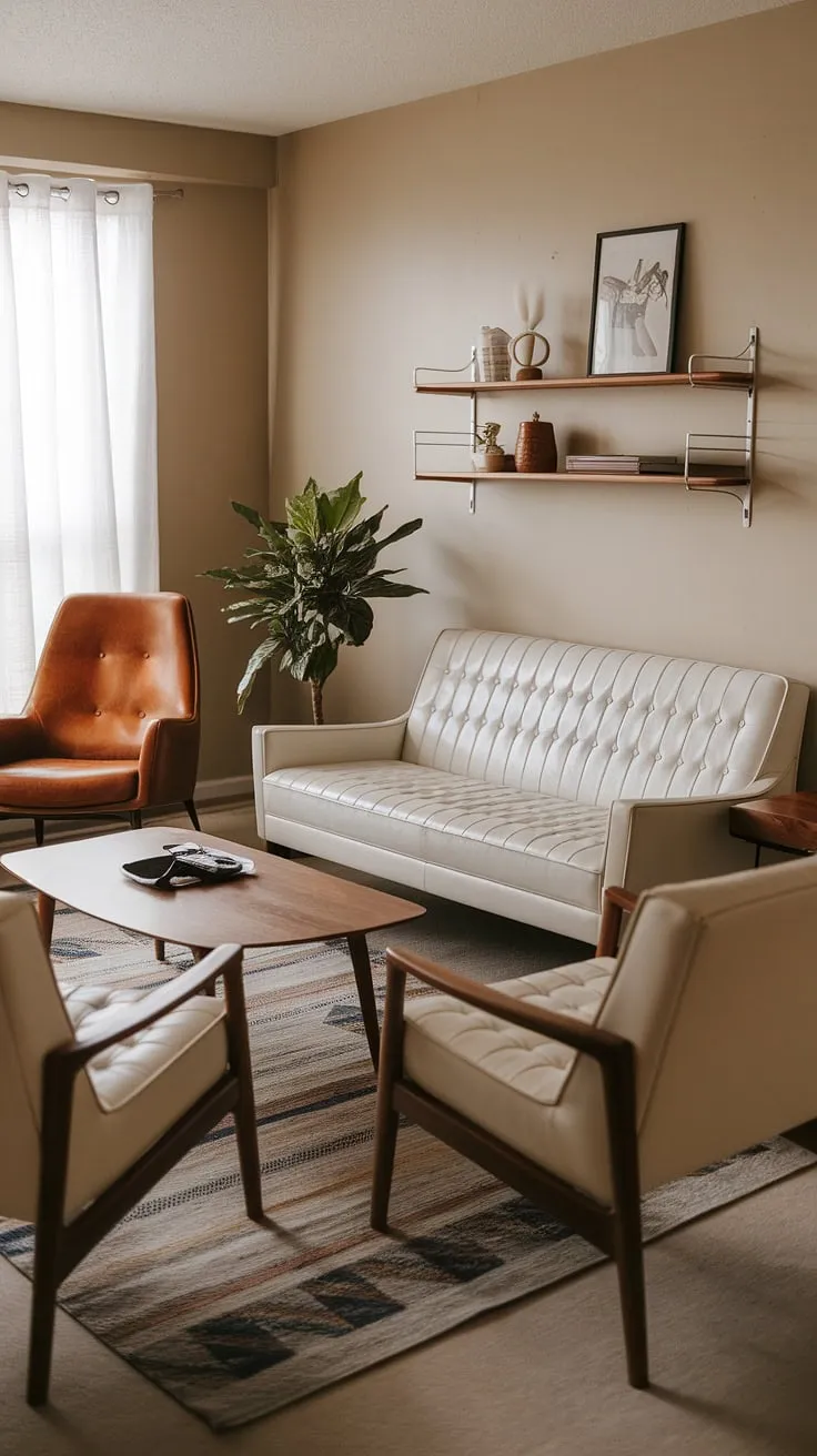 Bathed in soft light, this mid-century modern living room exudes understated elegance. The creamy beige walls provide a neutral backdrop for the iconic white leather seating and rich wood accents. Every detail, from the carefully chosen decorative objects on the shelf to the plush rug underfoot, contributes to the overall sense of sophisticated comfort. This is truly a a sanctuary of style.