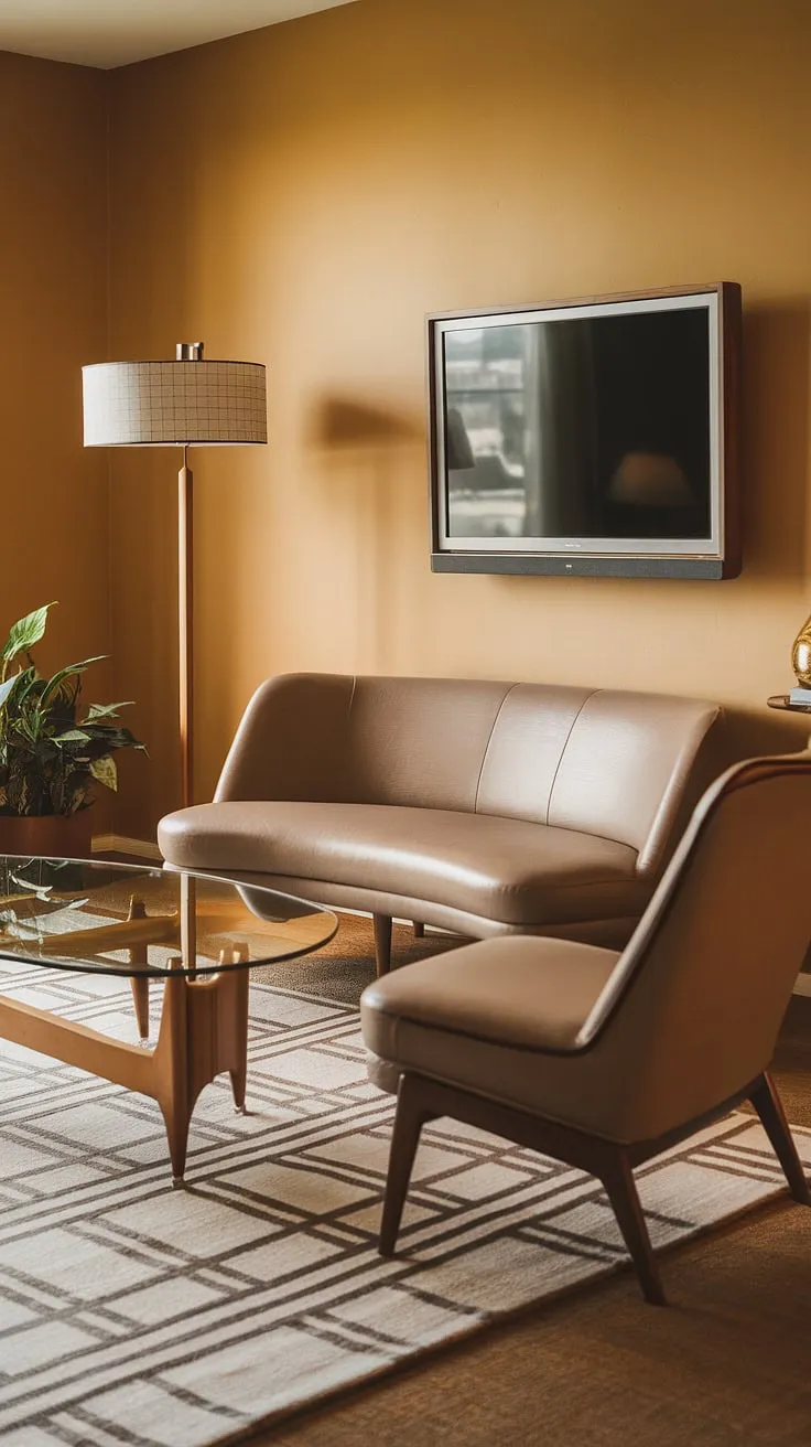 The gentle curve of the sofa invites you to unwind in this mid-century modern haven. Warm beige walls and a geometric rug create a sophisticated yet comfortable atmosphere, perfectly complemented by the sleek lines of the furniture and the warm glow of the floor lamp. A touch of nature, in the form of a potted plant, adds a calming element to this stylish space.