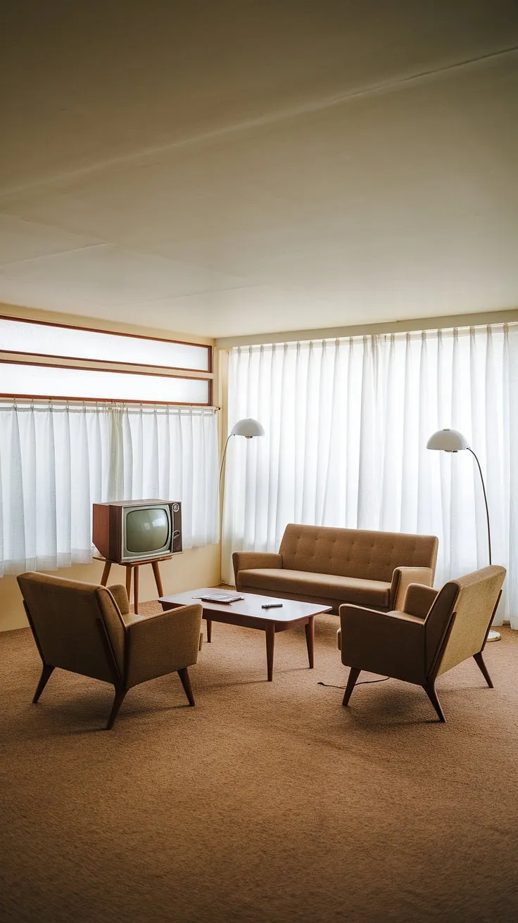The warm beige walls and mid-century modern furniture create a cozy atmosphere, perfectly complemented by the unique window design and the soft glow of the floor lamp. A vintage television adds a touch of nostalgic charm to this inviting living room. A perfect blend of comfort and style.