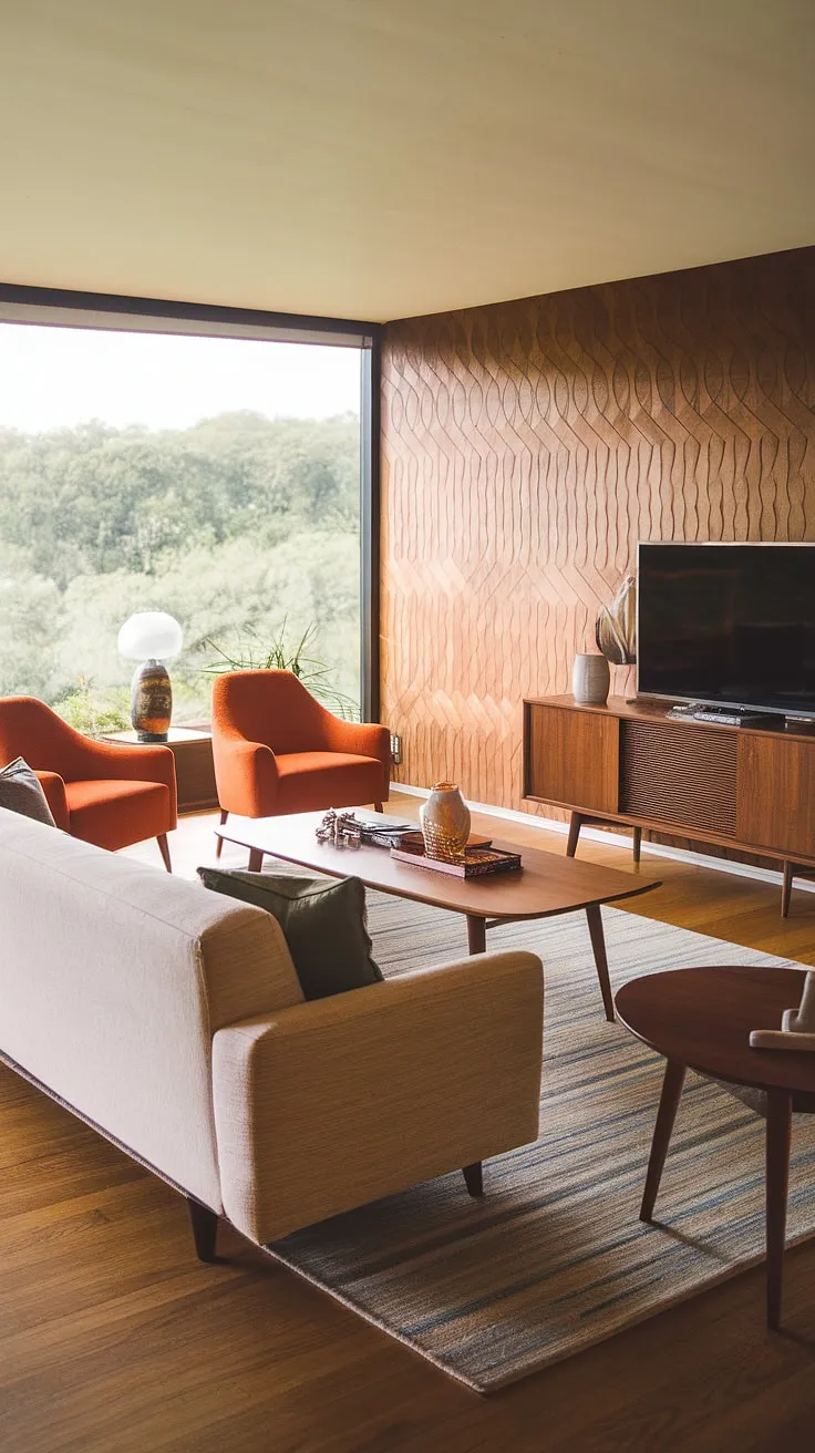 The view from this mid-century modern living room is as captivating as the interior itself. Lush greenery stretches beyond the expansive window, a perfect contrast to the warm tones of the beige sofa and orange accent chairs. The wooden coffee table and patterned wall add depth and texture, creating a space that is both stylish and incredibly comfortable. A perfect blend of form and function, this room embodies the timeless appeal of mid-century design.