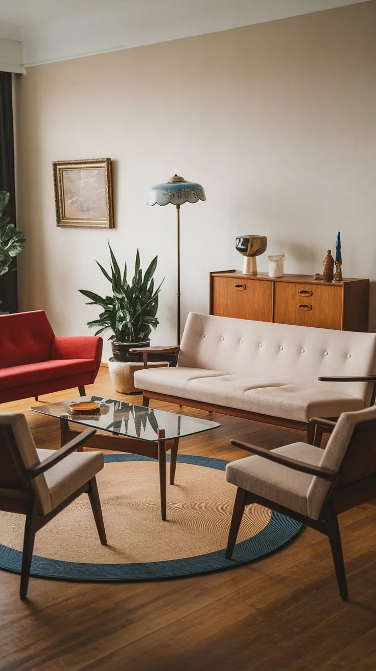 Step back in time to this impeccably styled mid-century modern living room. The warm beige tones of the sofa and rug are beautifully complemented by the vibrant red accent sofa and the cool blue lampshade, creating a sophisticated and inviting atmosphere. The clean lines of the furniture and the thoughtful placement of decorative items, including the potted plant, showcase the era's appreciation for both form and function. A true testament to timeless design.