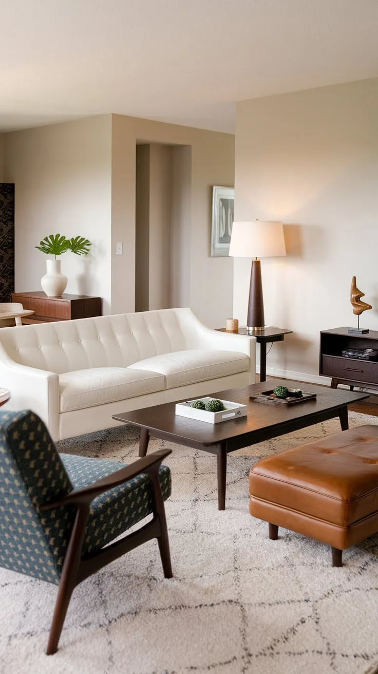 This mid-century modern living room is a study in understated elegance. The neutral palette, punctuated by the vibrant blue armchair, creates a sense of calm and tranquility. Every piece, from the sleek white sofa to the meticulously chosen accessories, contributes to the overall feeling of refined comfort and timeless style. It's a space designed for conversation, relaxation, and the quiet enjoyment of life's simple pleasures.
