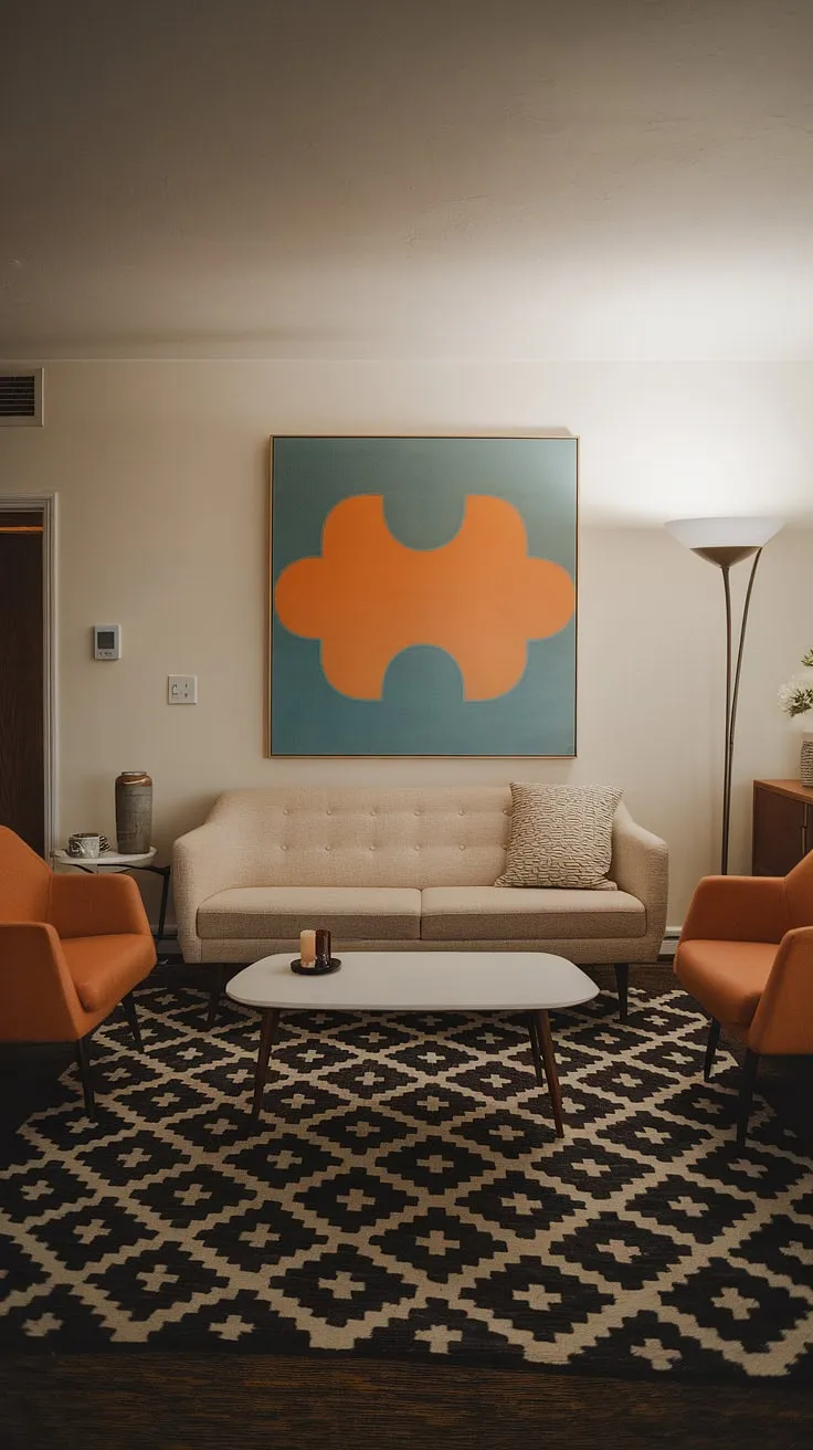 The interplay of textures and colors in this mid-century modern living room is simply captivating. The beige sofa provides a comforting anchor, while the orange chairs inject a playful energy. The black and white rug grounds the space, and the abstract artwork adds a layer of artistic depth. A truly stylish and functional space, perfect for relaxation and entertaining.