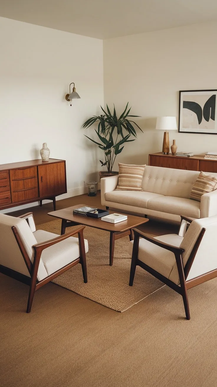 The gentle curve of the beige sofa, the clean lines of the armchairs, and the warm light from the lamp all contribute to the relaxed yet refined ambiance of this mid-century modern space. The carefully chosen details, from the textured rug to the wall sconce, create a harmonious and inviting living area, a testament to thoughtful design.