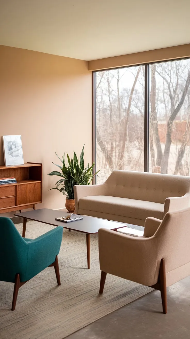 The gentle curve of the sofa invites you to sink in and relax. This mid-century modern living room, bathed in soft light, is a testament to timeless design. The careful selection of textures and colors-from the warm beige walls to the vibrant teal accent chair-creates a harmonious and inviting atmosphere. A perfect blend of style and comfort, this space is a true reflection of its inhabitants.