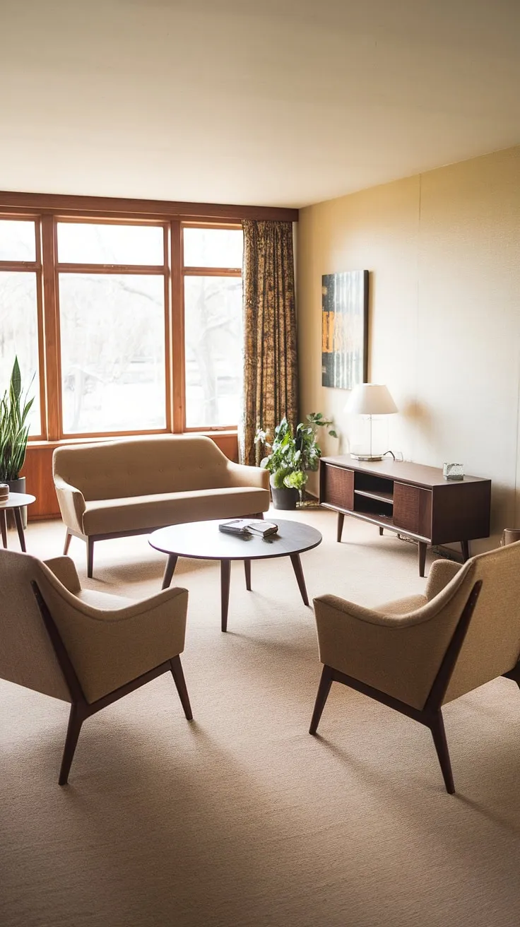 Bathed in the warm glow of the afternoon sun, this mid-century modern living room exudes a timeless elegance. The curved lines of the furniture, the rich tones of the wood, and the carefully curated artwork create a space that is both sophisticated and inviting. A perfect blend of comfort and style, it's a haven designed for relaxation and connection.