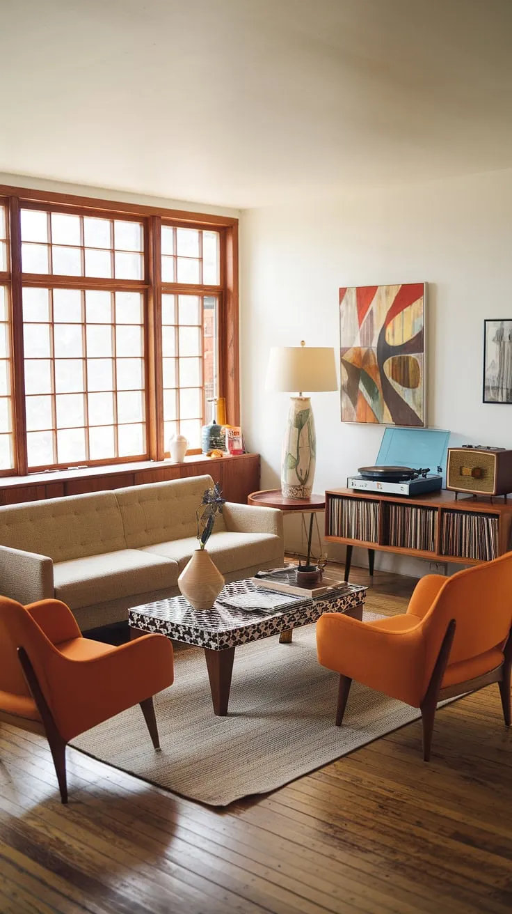 This mid-century modern living room is a study in understated elegance. The interplay of textures and colors-from the soft beige sofa to the bold orange chairs-is captivating. The black and white patterned coffee table anchors the space, while the vintage record player and radio add a touch of nostalgic charm. Natural light floods the room, highlighting the carefully chosen decorative elements and creating a truly inviting atmosphere.